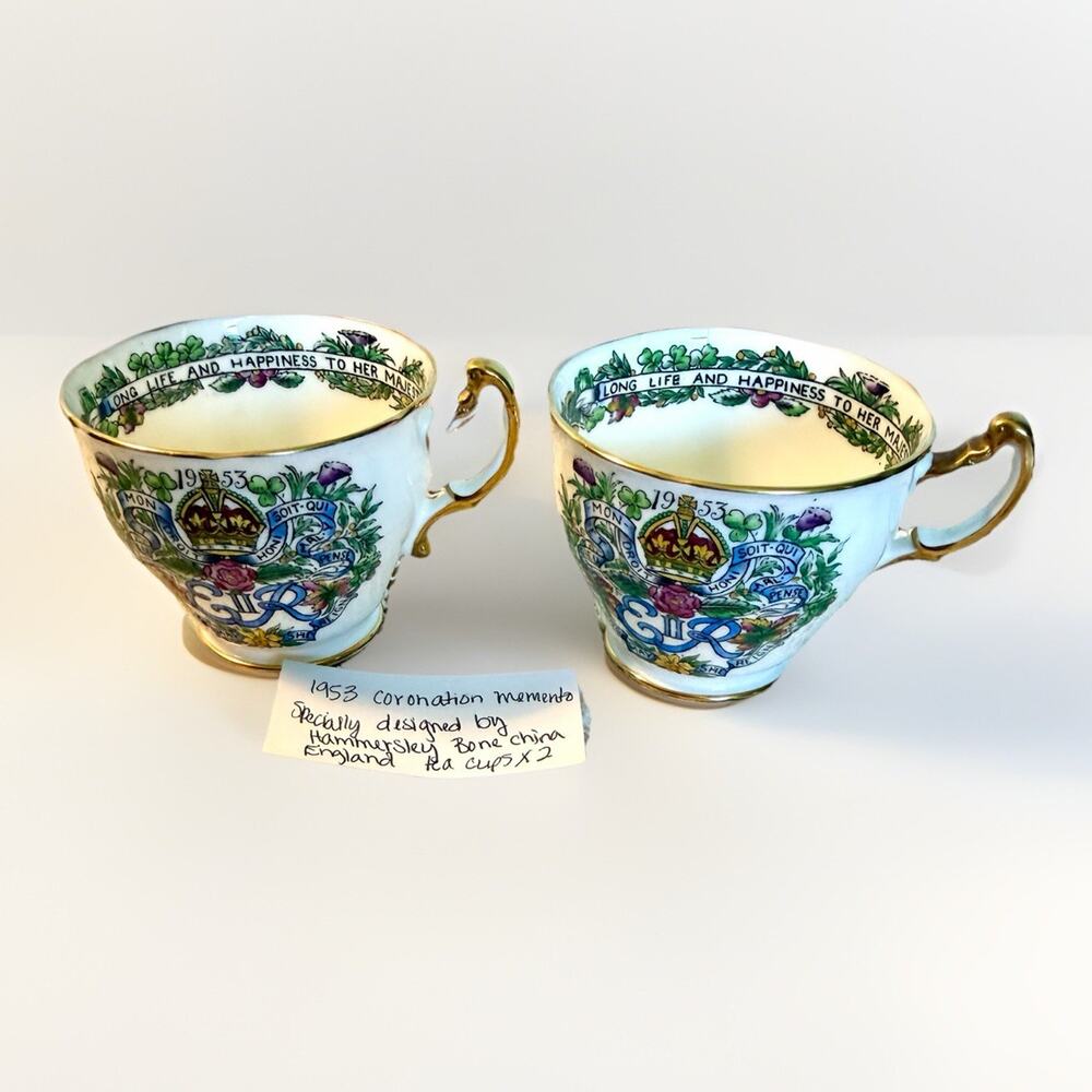 Vintage Hammersley 1953 Queen Elizabeth II Coronation Bone China Tea Cups Pair